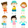 Summer multicultural cute kids in swimsuit