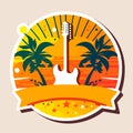 Summer music party. Guitar and palm trees against a backdrop of sunshine. Cartoon vector illustration. Invitation, label, sticker