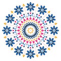 Summer native flower pretty mandala with leaves, dots, lines and hearts. Color folk illustration