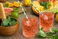 Summer natural lemonade with cocktail straw, ice cube, fresh fruits Royalty Free Stock Photo