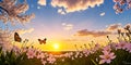 Summer nature background with blooming white flowers and fly butterfly against sunrise sunlight Royalty Free Stock Photo