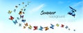 Summer nature background with a colorful butterflies and blue sky with clouds. Vector Royalty Free Stock Photo