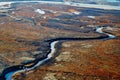 Summer nature landscape from above. Mountain range aerial view. river bank in the morning in the tundra. Taimyr Peninsula, Russia