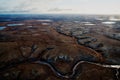 Summer nature landscape from above. Mountain range aerial view. river bank in the morning in the tundra. Taimyr