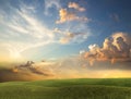 Nature landscape contryside green grass field trees and sun beam on cloudy fluffy blue and pink sky