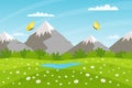 Summer nature landscape. Mountain lake, glade with daisies,field with flowers, mountains, flying butterflies. Clear weather.