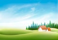 Summer nature landscape with village house, green grass and blue Royalty Free Stock Photo