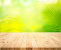 Summer and nature product display with wood table counter on blur coconut leaf background Royalty Free Stock Photo