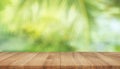 Summer and nature product display with wood table counter on blur coconut leaf background.fresh green tropical garden Royalty Free Stock Photo