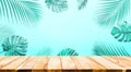 Summer and nature product display with wood table counter on palm leaf in vibrant color background Royalty Free Stock Photo