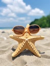 Summer nature sea starfish beach star ocean water sand sunglasses tropical vacation background travel Royalty Free Stock Photo