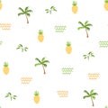 Summer nature seamless pattern. Vector illustration of pineapples, palm trees, waves and safari plants Royalty Free Stock Photo