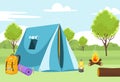 Summer nature with tent camp, vector illustration, outdoor activity at forest landscape, travel hiking with campfire Royalty Free Stock Photo