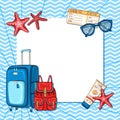 Summer nautical background with beach and travel accessories