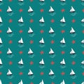 Summer nautical pattern with ships, waves and starfish on a blue background.