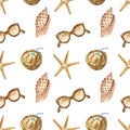 Summer nautical style seamless pattern with vacation vibes. Watercolor starfish, seashell, coconut cocktail, sunglasses background