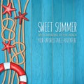 Summer nautical wooden background with lifebuoy, starfishes and ropes