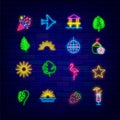 Summer neon icons collection. Flamingo, monstera and bungalow. Cocktail, disco ball and plane. Vector illustration