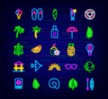 Summer neon icons collection. Vacation design symbols collection. Plane, palm and suitcase. Vector illustration