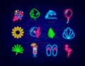 Summer neon icons collection. Vacation symbols set. Dolphin, palm and shell. Vector stock illustration