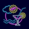 Summer neon sign with bright illumination. Fresh drinks, beach party.