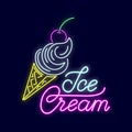 Summer neon sign with bright illumination. Sweet dessert, ice cream