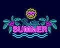 Summer neon sign with illumination. Summer poster, palm trees, sun.