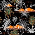 Summer Night Aloha seamless island pattern vector. Landscape with palm trees,beach and ocean vector hand drawn style Royalty Free Stock Photo