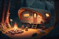 Summer night camp with tent, campfire, trees, lake and mountains on background. AI generation Royalty Free Stock Photo