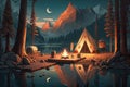 Summer night camp with tent, campfire, trees, lake and mountains on background. AI generation Royalty Free Stock Photo