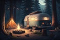 Summer night camp with tent, campfire, trees, lake and mountains on background. AI generation Royalty Free Stock Photo