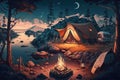 Summer night camp with tent, campfire, trees, lake and mountains on background. AI generation Royalty Free Stock Photo