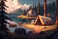 Summer night camp with tent, campfire, trees, lake and mountains on background. AI generation Royalty Free Stock Photo