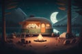 Summer night camp with tent, campfire, trees, lake and mountains on background. AI generation Royalty Free Stock Photo