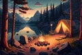 Summer night camp with tent, campfire, trees, lake and mountains on background. AI generation Royalty Free Stock Photo