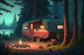 Summer night camp with tent, campfire, trees, lake and mountains on background. AI generation Royalty Free Stock Photo