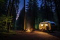 Summer night camping, lighted caravan and trees in the forest under a starry sky. Tourists camp outdoor. Generative AI. Royalty Free Stock Photo