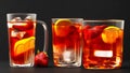 Summer night creative cool fruit tea, ice cubes, summer release, dark background Generative AI