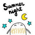 Summer night hand drawn illustration with cute marshmallow looking at the stars and moon