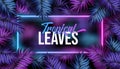 Summer night jungle background. Dark blue and violet Tropical party design with palm leaves and neon light. suitable for Royalty Free Stock Photo