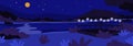 Summer night landscape with gazebo, moon light. Peaceful midnight nature background, panorama, arbor shelter pavilion