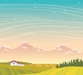 Summer night landscape - mountains, meadow, house. Royalty Free Stock Photo