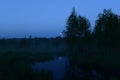 Summer night moon in the blue sky over the forest moon reflected on the surface of the forest river water Royalty Free Stock Photo