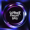 Summer Night Party Banner Lettering on Dark Abstract Neon Background. Vector Blue and Purple Glow Effect