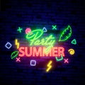 Summer night party. Summer beach party poster with lettering typography, neon elements and tropical leaves frame on dark