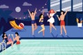 Summer night pool party. Happy young people have a rest by the swimming pool. Vector flat illustration Royalty Free Stock Photo