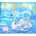 Summer night sky, lotus, sea background and swan with lift wings Royalty Free Stock Photo