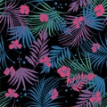 Summer night tripical Seamless floral pattern with flower and houndstooth fill-in leaves. Vector colorful illustration on black