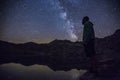 Summer night under Milky way in Ibon De Estanes lake, Aragon Pyrenees, Spain