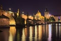 Summer night view of historical part of Prague. Vltava river, Mala Strana Bridge Tower and Charles Bridge with illumination. Royalty Free Stock Photo